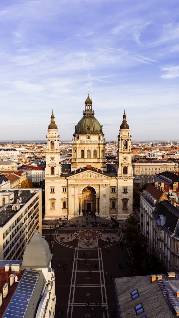 A stunning aerial view of St. Stephen's Basilica, showcasing Budapest's architectural marvel in Hungary.