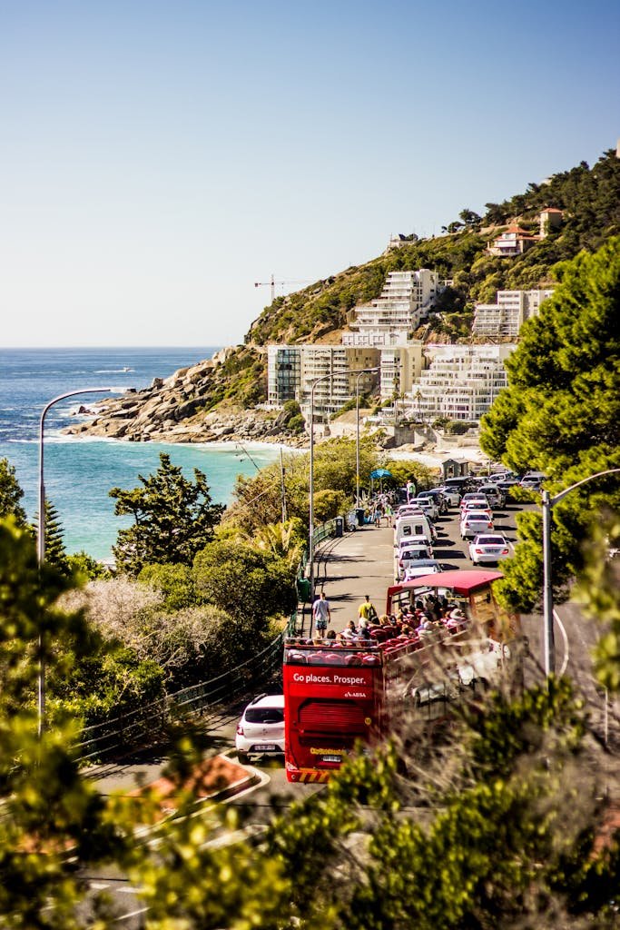 Cape Town coastline with vibrant traffic and ocean views.
