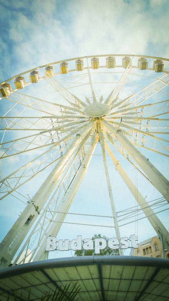 Captivating view of Budapest Ferris Wheel towering against a clear blue sky, a must-see Hungarian landmark.