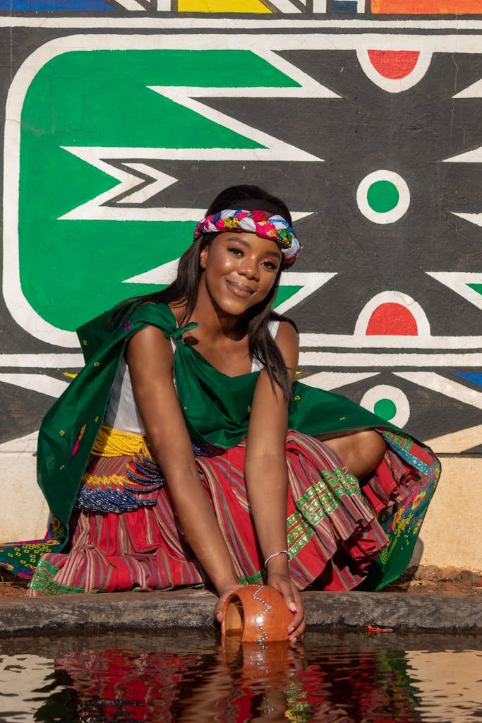 Smiling woman in colorful South African traditional attire poses by a vibrant mural in Pretoria.