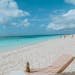 From above of sun bed with towel and ripe pineapple on sandy sea shore with unrecognizable tourists under blue cloudy sky