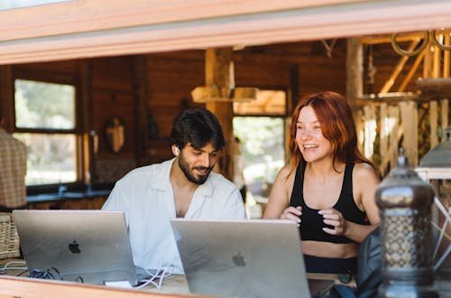 Two young adults working on laptops in a cozy, wooden interior with natural light.